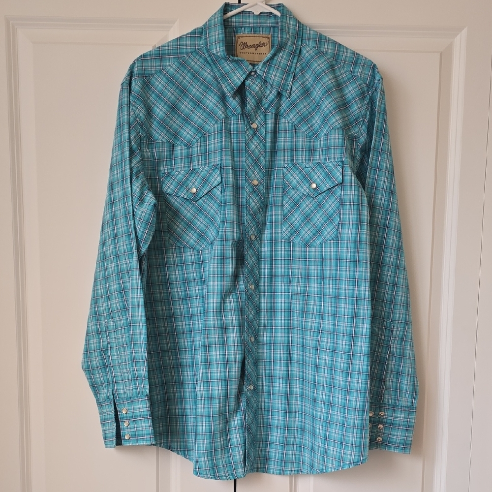 Wrangler Men's Teal Plaid Button-Down Western Shirt